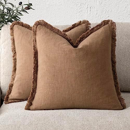 Foindtower Decorative Linen Fringe Throw Pillow Covers 24×24 Khaki Brown by Foindtower