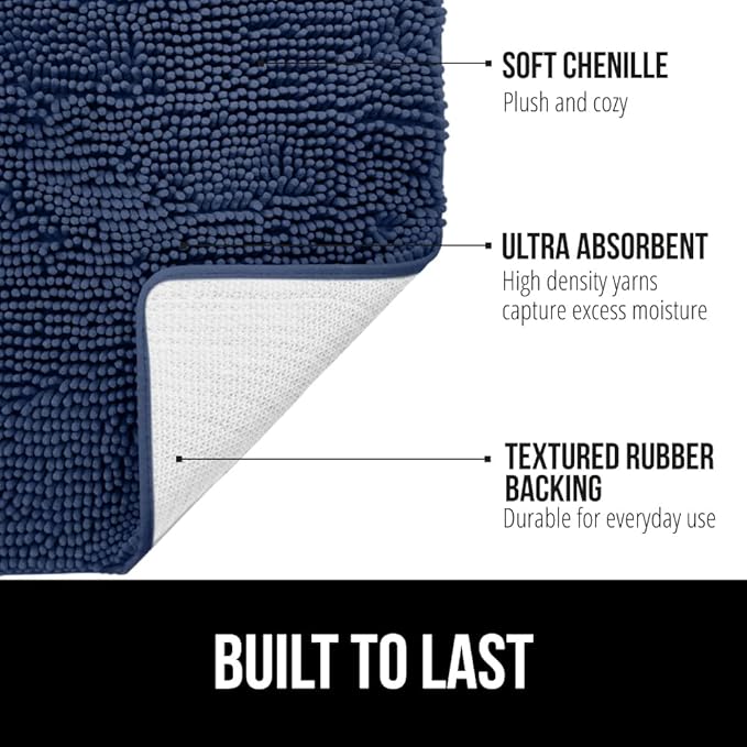 GORILLA GRIP Bathroom Rug Sets 3 Piece, Bath Mat Set and Oval Toilet Base with Rubber Backing, Plush Absorbent Shaggy Chenille Washable Mats, Includes 24x19.5, 24x17 and 36x24 Inch Rugs, Navy