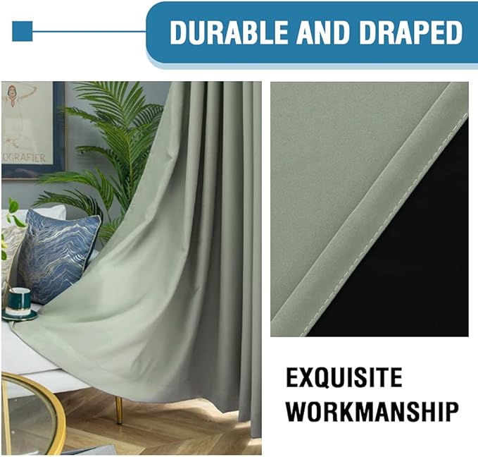 H.VERSAILTEX 100% Blackout Curtains for Bedroom 42 Inches Wide Thermal Insulated Blackout Curtains 63 Inches Long Rod Pocket Curtains with Black Liner 2 Panels Set, Light Sage