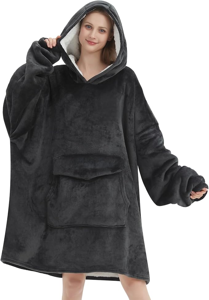 Wearable Blanket Hoodie for Adult,Oversized Sherpa Fleece Blanket Hoodie for Women Men,Grey