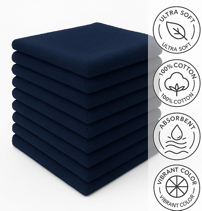 Crystal Ridge Cotton Wash Cloths 12 Pack - Washcloths for Showering, Face and Body, Soft and Highly Absorbent Multipurpose Towels for Bathroom, Kitchen, Spa and Gym - Wash Rags 12 x12 (Navy)