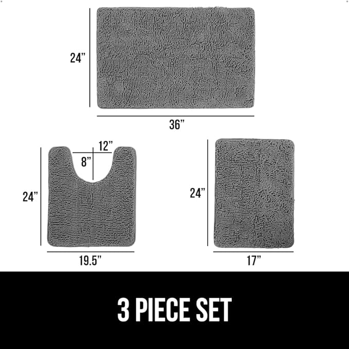 GORILLA GRIP Bathroom Rug Sets 3 Piece, Bath Mat Set and Oval Toilet Base with Rubber Backing, Plush Absorbent Shaggy Chenille Washable Mats, Includes 24x19.5, 24x17 and 36x24 Inch Rugs, Grey