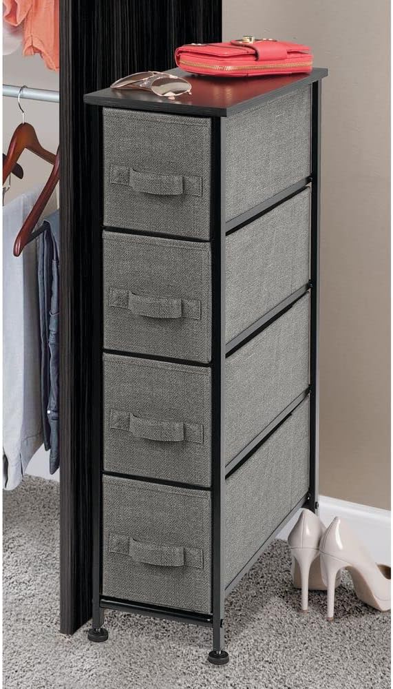 mDesign Narrow Dresser Storage Tower Stand with 4 Removable Fabric Drawers - Steel Frame, Wood Top Organizer for Bedroom, Entryway, Closet - Lido Collection - Charcoal Gray