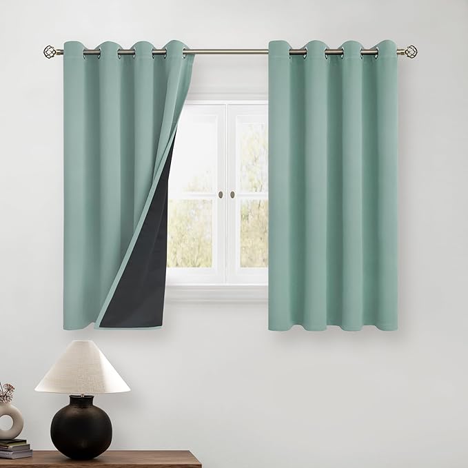 BGment Short 100% Blackout Curtains for Bedroom, Thermal Insulated Lined Energy Efficiency Noise Reducing Grommet Curtains 54 Inch Length for Small Window 2 Panels Each 52 Inch Wide, Frosty Green