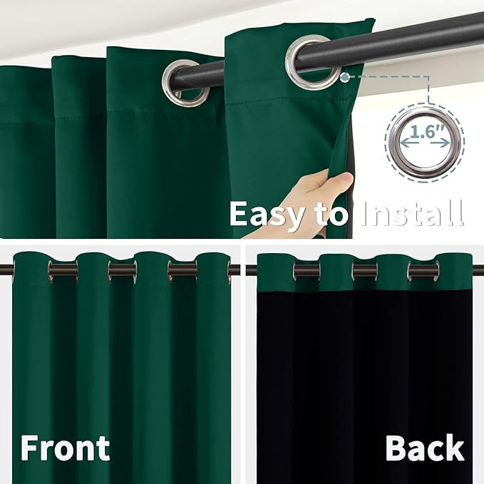 BGment Thermal Insulated 100% Blackout Curtains for Bedroom with Black Liner, Double Layer Full Room Darkening Noise Reducing Grommet Curtain (42 x 63 Inch, Emerald, 2 Panels)