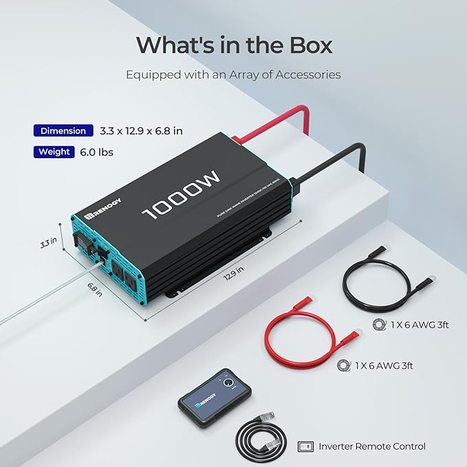 Renogy Inverter P2 1000 watt Pure Sine Wave Inverter, Solar Car Power Inverter 12V to 120V AC Converter for RV, Truck, Camping, Home Backup, Outdoor, Emergency, Off-Grid Living, 16.4FT Remote Control