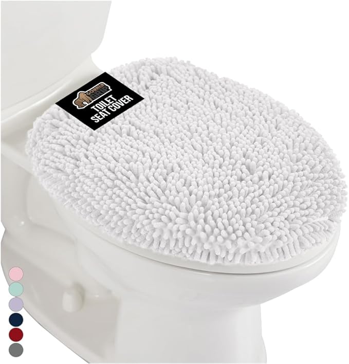 GORILLA GRIP Soft Chenille Bathroom Toilet Lid Cover, Machine Washable Seat Covers, 19.5x18.5, Stays in Place Rubber Backing, Fits Most Round, Elongated and Oblong Lids, Decor, Bright White