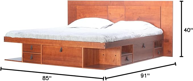 memomad Bali Slim Set: Storage Platform Bed with Drawers + Flat Panel Headboard (King Size, Caramel Brown Wood)