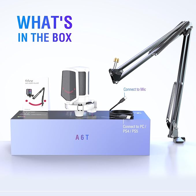 FIFINE Streaming Gaming USB Microphone Kit, PC Condenser RGB Mic Compatible with PS4/PS5, Plug and Play for Music Recording, Online Game, Discord, Twitch, with Pop Filter, Shock Mount-A6T White
