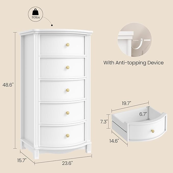 AuraCurve Tall 5-Drawer Chest, Elegant Dresser with Five Arc Fronts, Roman Column Decor, Slim Floor Standing Storage Cabinet, 48.6x23.6x15.7 Inches(White, 5 Drawer)