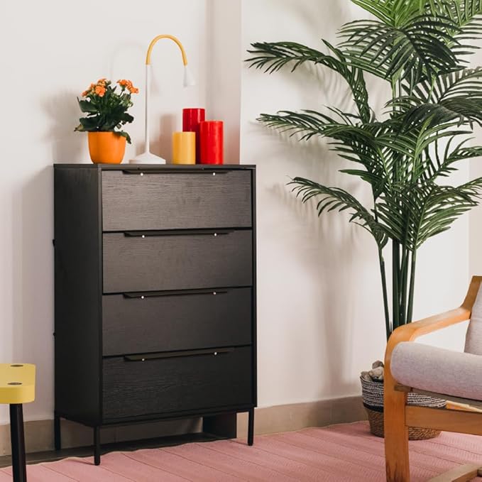 tinge Lira Premium Fabric Dresser - Solid Wooden Frame, 4 Spacious Sag-Proof Drawers with Sleek Metal Handles - Sleek & Durable Storage Solution for Your Home (Black)