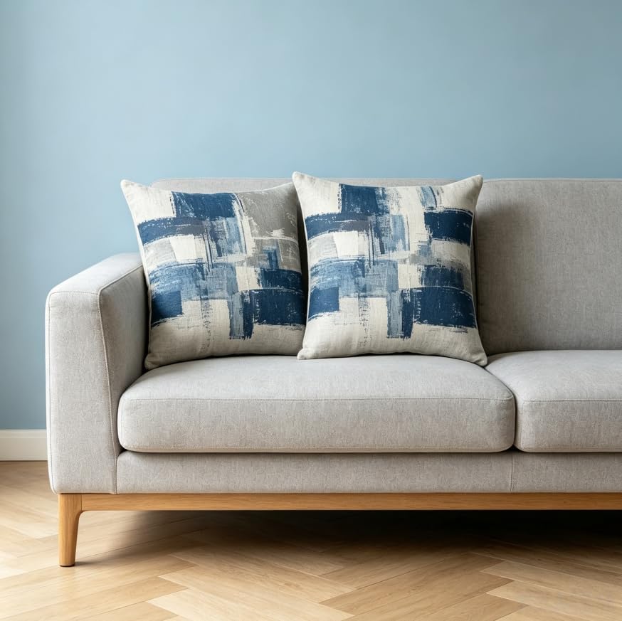 18X18 Inches Abstract Blue Linen Throw Pillow Covers Set of 2 - Image 4