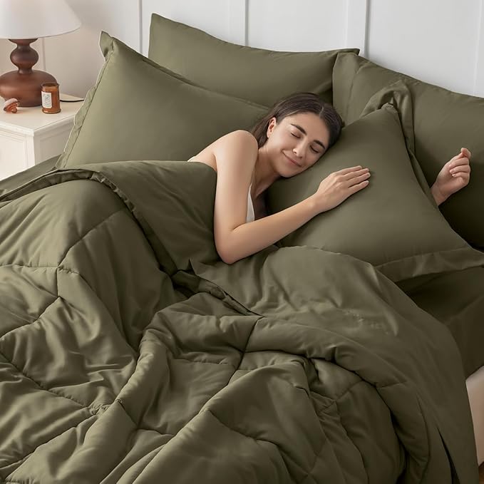 JOLLYVOGUE Queen Comforter Set, Ultra-Soft Bed in a Bag Queen Size 7 Pieces, Oeko-TEX Certified Bedding Set with Down Alternative Comforter, Sheets, Pillowcases & Shams, Olive Green
