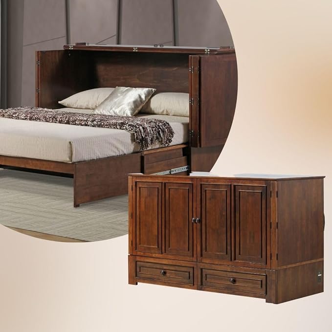 Emurphybed Paradiseo Murphy Cabinet Chest Bed with Charging Station 6 Inch, Queen (Tobacco)
