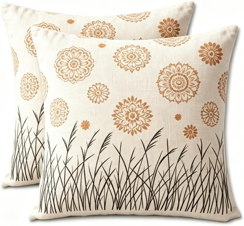 Boho Floral Reed Throw Pillow Covers Set of 2, 18x18 Inch by Unknown