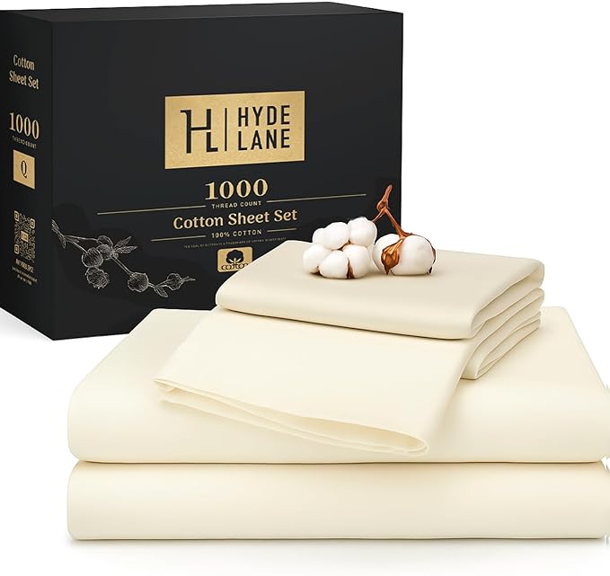Hyde Lane Luxury 1000 Thread Count 100% Cotton Sheets | Very Soft & Thick - Fits Upto 20" Mattress | Sateen Weave Bed Sheets 18" Deep Pocket- 4 PC Sheet Set (Ivory/Cream, Split King)