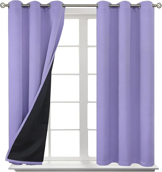 BGment Thermal Insulated 100% Blackout Curtains for Bedroom with Black Liner, Double Layer Full Room Darkening Noise Reducing Grommet Curtain (42 x 45 Inch, Lavender, 2 Panels)