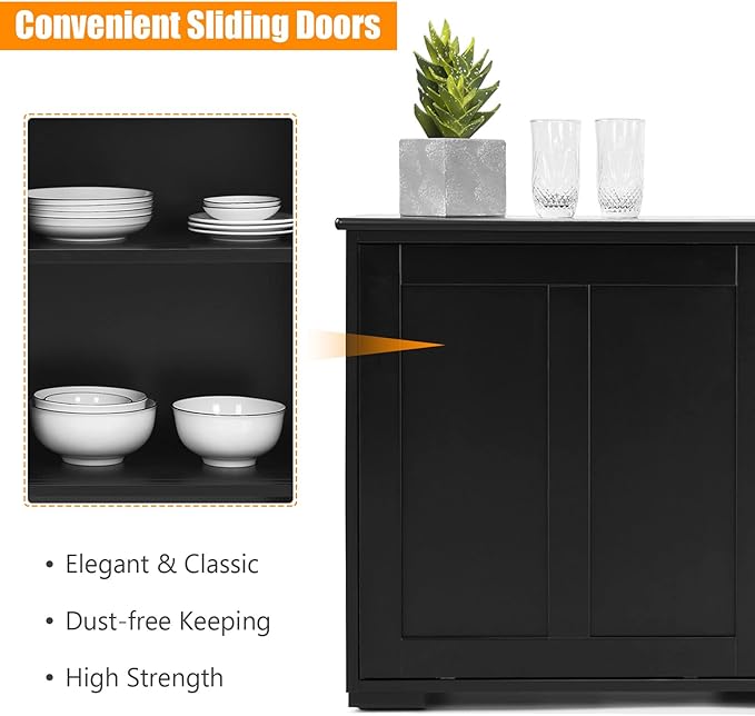 Costzon Sideboard Buffet Cabinet, Wooden Kitchen Storage Cabinet with Adjustable Shelf, Sliding Barn Door, Accent Coffee Bar Cabinet Console Table for Living Room, Dining Room, Hallway (Black)