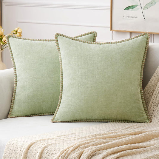 MIULEE Pack of 2 Couch Throw Pillow Covers 24x24 Inch Light Green Farmhouse Decorative Pillow Covers with Stitched Edge Soft Chenille Solid Dyed Spring Pillow Covers for Sofa Bed Living Room