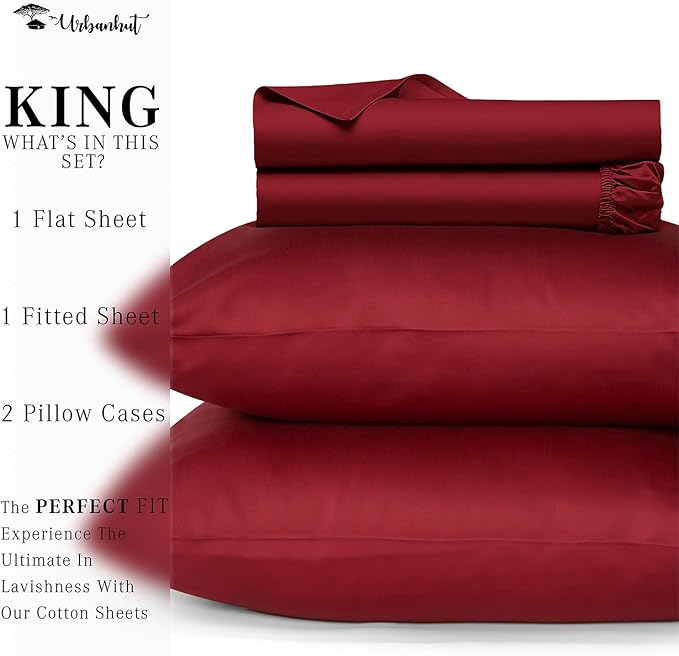 URBANHUT 800 Thread Count 100% Cotton King Size Sheets, Luxury 4 Piece King Bedsheets, Hotel Sheets Sateen Finish - Better Than Egyptian, 16" Elasticized Deep Pocket - Burgundy