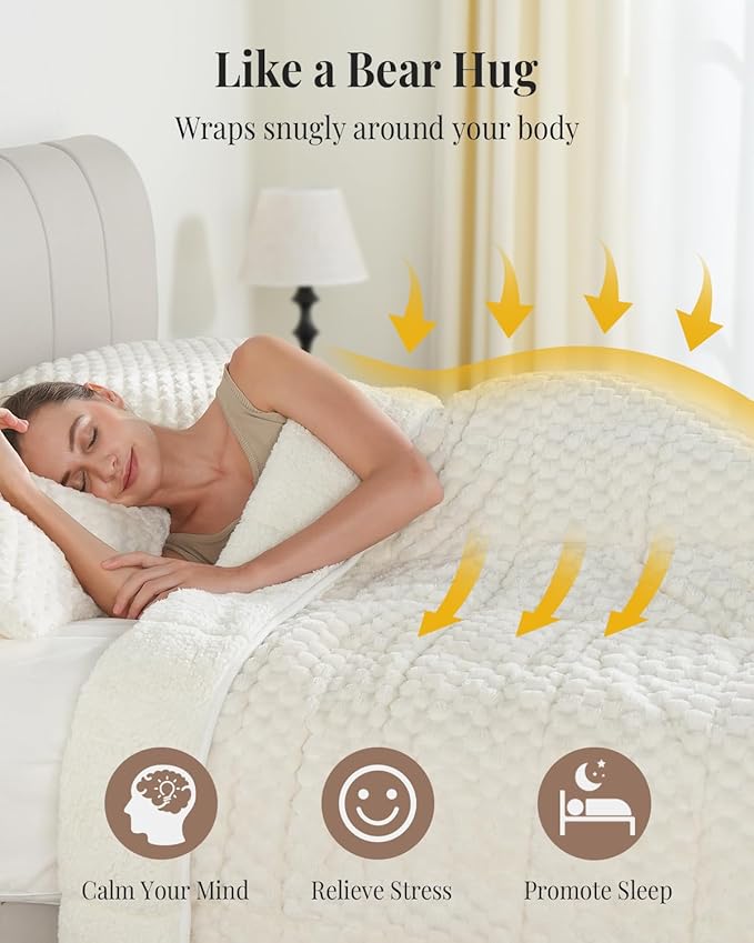 Topblan Weighted Blanket for Adults (48" x 72" 15lbs, Cream White), Soft Sherpa Twin Size Heavy Blanket, 3D Jacquard Flannel Fleece Weighted Blankets for Couch and Bed