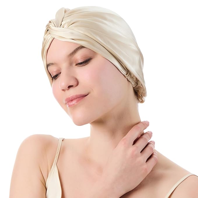 Silk Bonnet for Sleeping Women, 100% Mulberry Silk Sleep Cap with Elastic Band, Real Mulberry on Both Sides, Champagne