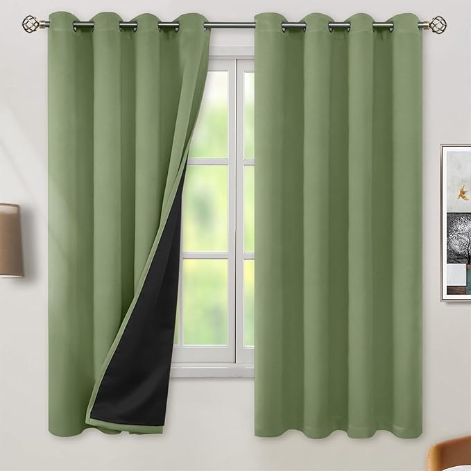 BGment Thermal Insulated 100% Blackout Curtains for Bedroom with Black Liner, Double Layer Full Room Darkening Noise Reducing Grommet Curtain (52 x 63 Inch, Grass Green, 2 Panels)
