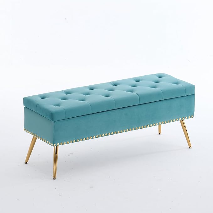 Velvet Storage Bench with Gold Legs& Nailhead Trim, 46" Wide Upholstered Modern Bedroom Bench for End of Bed, Tufted Ottoman for Entryway Living Room Dining Room (Sage Green, 46" Wide)