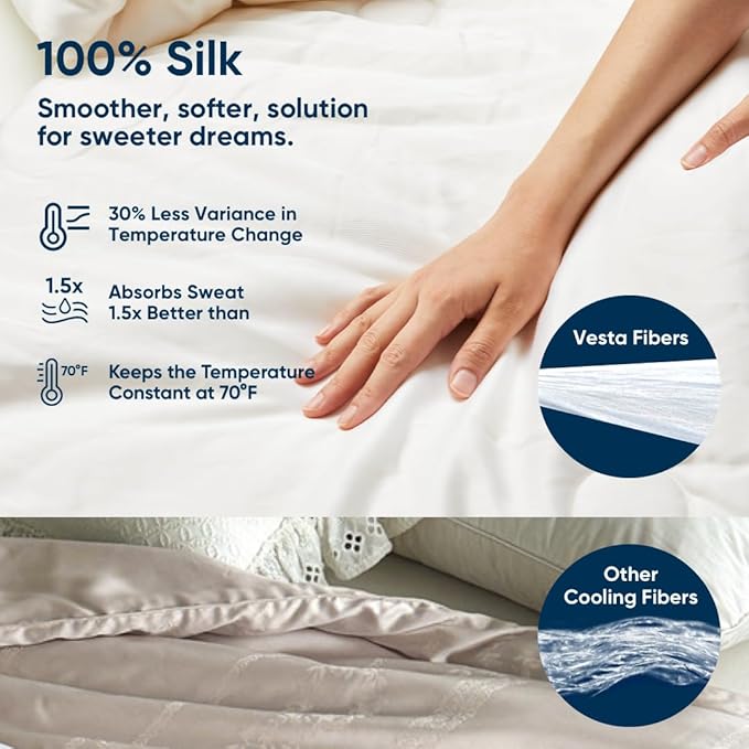 Vesta Washable Silk Lightweight Comforter, Cooling Blanket for Hot Sleepers, 100% Long Staple Mulberry Silk, Moisture & Thermal Control for Summer Use (Mirage White, King/Cal King 104'' X 90'')