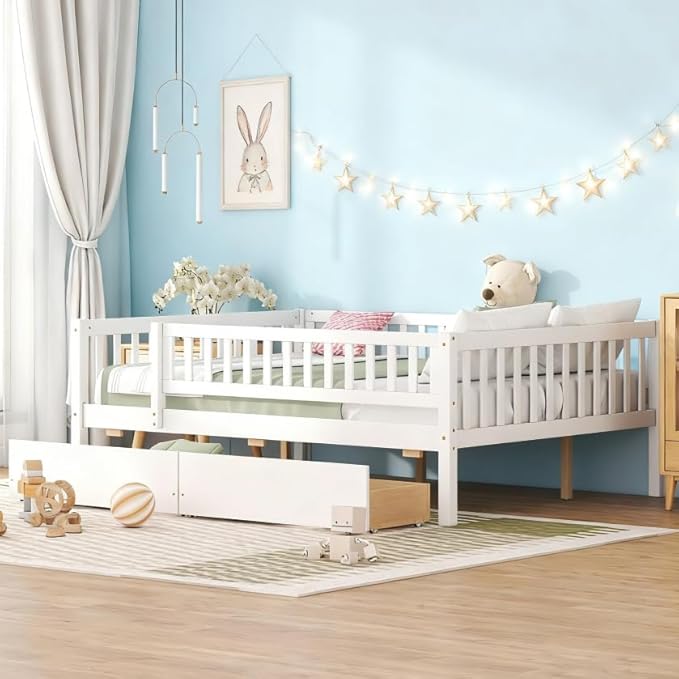 Bellemave Full Size Bed Frames with Rails for Kids, Full daybed Frame with Drawers for Boys/Girls/Adults， White