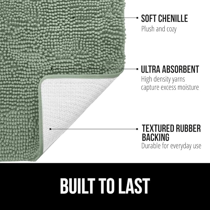 GORILLA GRIP Bathroom Rug Sets 3 Piece, Bath Mat Set and Oval Toilet Base with Rubber Backing, Plush Absorbent Shaggy Chenille Washable Mats, Includes 24x19.5, 24x17 and 30x20 Inch Rugs, Sage