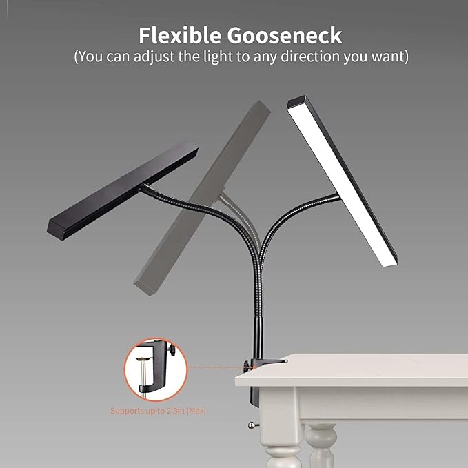 Piano Desk Lamp, 2-in-1 LED Piano Light for Upright Digital Grand Piano, 10W Flexible Gooseneck Table Lamp with 3 Color Modes×10 Brightness for Home Office Bedroom, Black (With Base and Clamp)