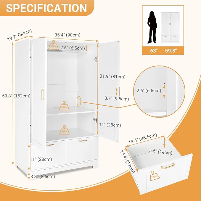 VINGLI Armoire Wardrobe Closet with Doors and Drawers, Wardrobe Cabinet, Armoire with Drawers, White Closet, 35" W x 20" D x 60" H