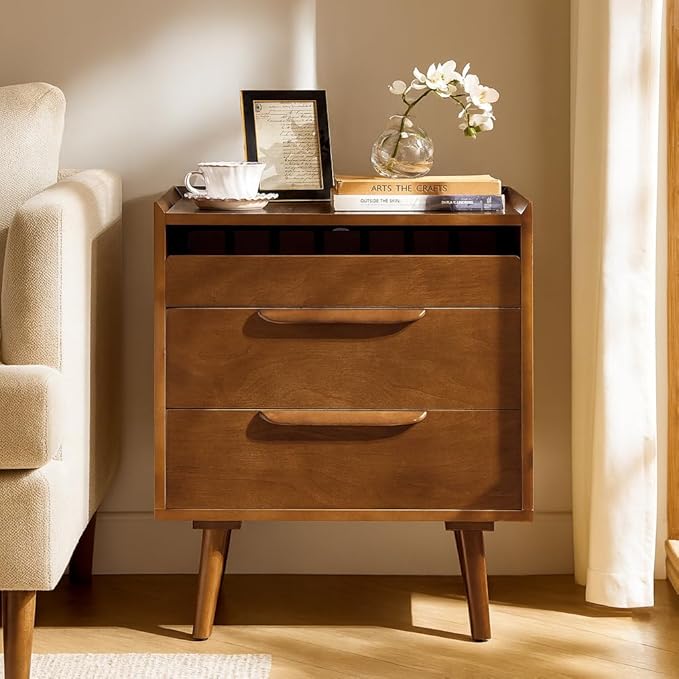 HULALA HOME 2 Drawer End Table with Pull-Out Shelf, Mid-Century Modern End Table with Wood Legs, Wood Side Table with Charging Station(Acorn, Set of 2)