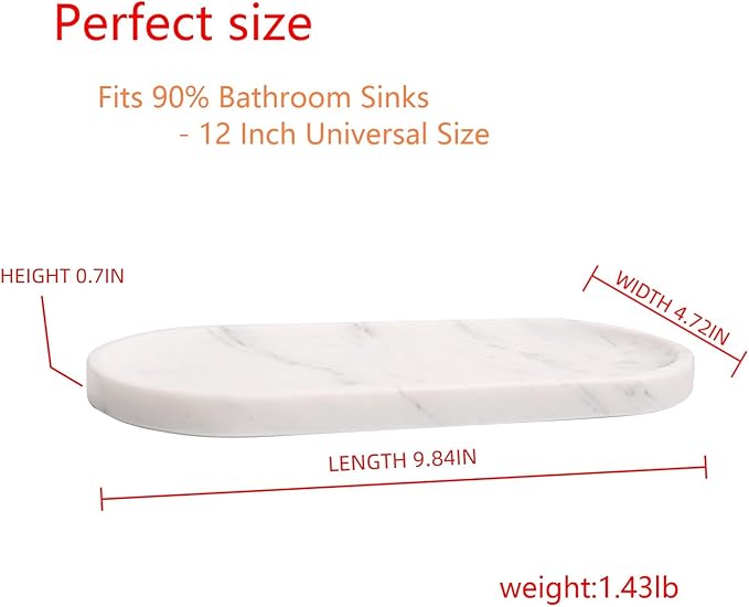 White Marble Vanity Tray for Bathroom Counter, 10"x5" Decorative Tray for Perfume, Candles, Stone Jewelry Dish Tray (White, 9.8X4.7)