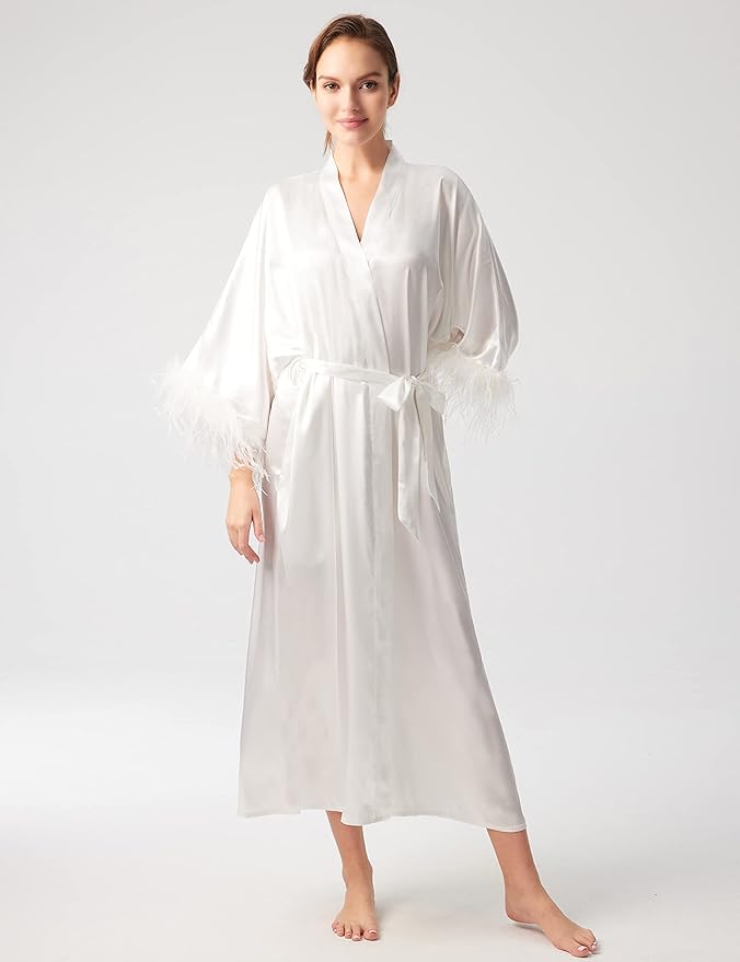 PRODESIGN Satin Kimono Robe Long Silky Bathrobe with Ostrich Feather Trim Sleepwear Wedding Bridesmaid Dressing Gown