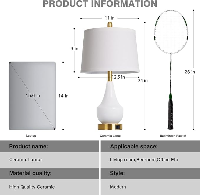 Modern White Table Lamp, 24" Ceramic Table Lamp with USB A+C Ports,Classic Beside Lamps Nightstand Lamp Modern Lamp for Living Room, Bedroom & Office -LED Bulbs Included