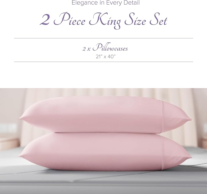 Carressa Linen 100% Egyptian Cotton King Size Pillow Cases Set of 2 - Luxury 600 Thread Count King Pillowcases (Blush), Silky Soft, Cooling, Breathable Sateen Weave Hotel Quality Bed Pillow Cover