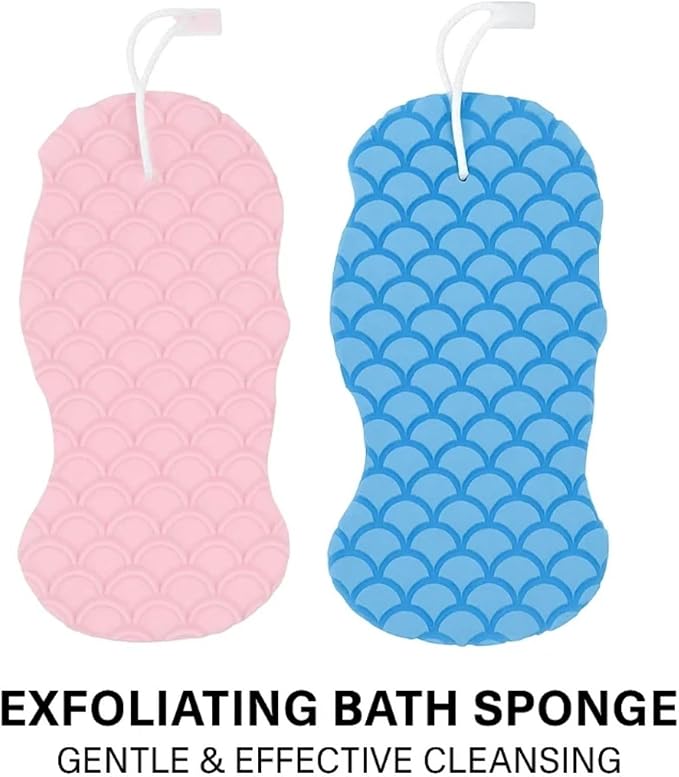 Skin Scrubber Exfoliator - 3D Super Soft Body Scrub Sponge for Dead Skin Removal, Reusable Skin-Friendly Exfoliator Also a Gentle Bath Sponge for Baby, for Adults, Kids & Pregnant Women (Blue+Pink)