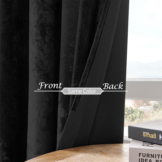SMILETIME Black Crushed Velvet Curtains 52x84 inch Luxurious Thermal Insulated Soundproof Drapes for Living Room Bedroom Office Soft and Durable Light-Filtering Window Treatments, 2 Panels
