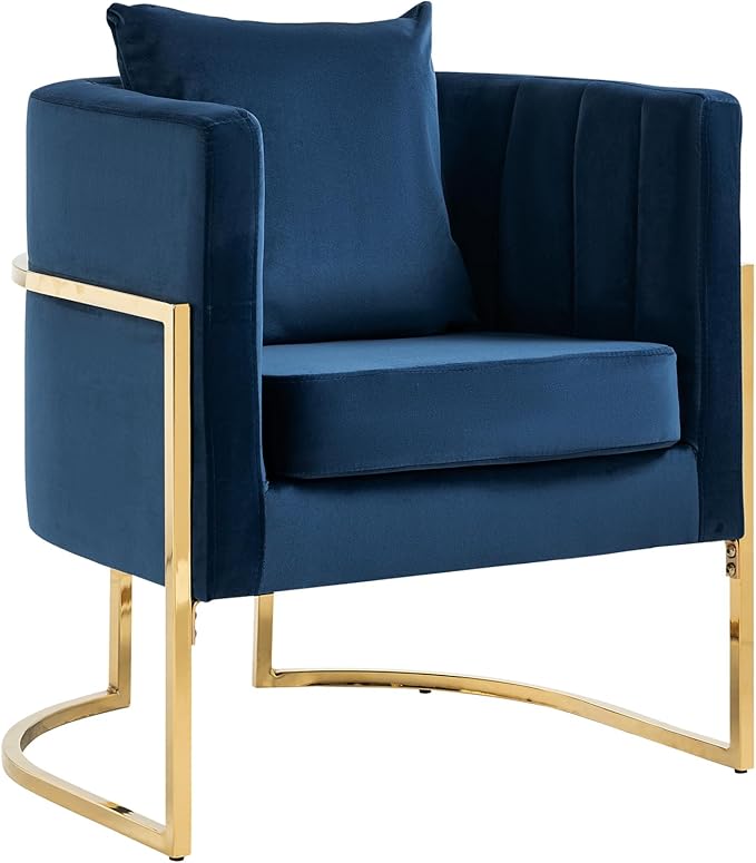 Velvet Accent Chairs Set of 2, Mid Century Modern Upholstered Armchair with Pillow for Living Room, Comfy Barrel Single Vanity Chair with Metal Gold Legs for Bedroom, Blue