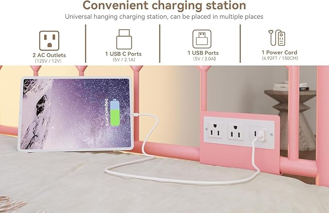 GarveeHome Twin Size Daybed with Charging Station and LED Lights, Metal Bed Frame with Trundle, Sofa Beds Frame with Steel Slat Support for Living Room, Guest Room, Apartment, Small Spaces, Pink