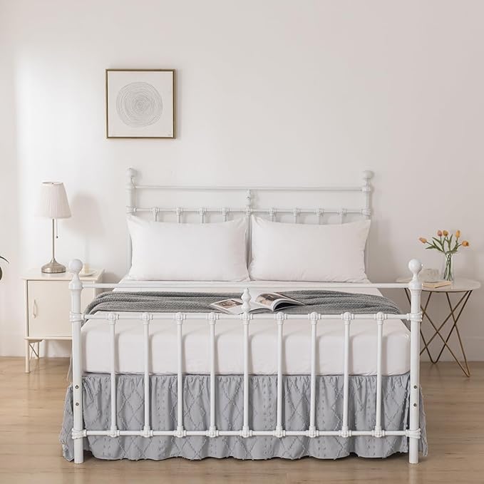 Bed Skirt King Size Ruffled Bed Skirt with Split Corners, 18 Inch Drop Dust Ruffle Bed Skirts with Platform, Boho Tufted Shabby Chic Full Size Bed Skirts, Light Grey