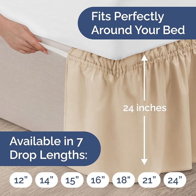 Wrap Around Dust Ruffle Bed Skirt - Cream - for King Size Beds with 24 Inch Drop - Easy Fit Elastic Strap - Adjustable Pleated Bedskirt w/Brushed Fabric - Wrinkle Free - for Women, Men, Kids & Teens