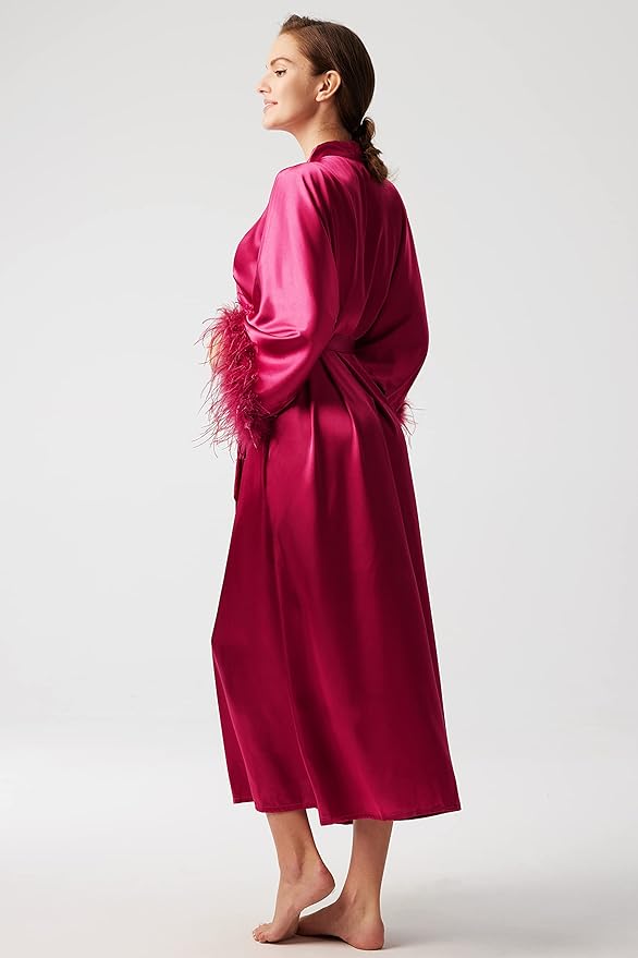 PRODESIGN Satin Kimono Robe Long Silky Bathrobe with Ostrich Feather Trim Sleepwear Wedding Bridesmaid Dressing Gown