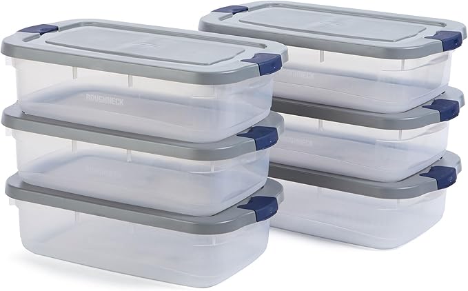 Rubbermaid Roughneck Clear 31 Qt/ 7.75 Gal Storage Containers, Pack of 6 with Snap-Fit Grey Lids, Visible Base, Sturdy and Stackable, Great for Storage and Organization