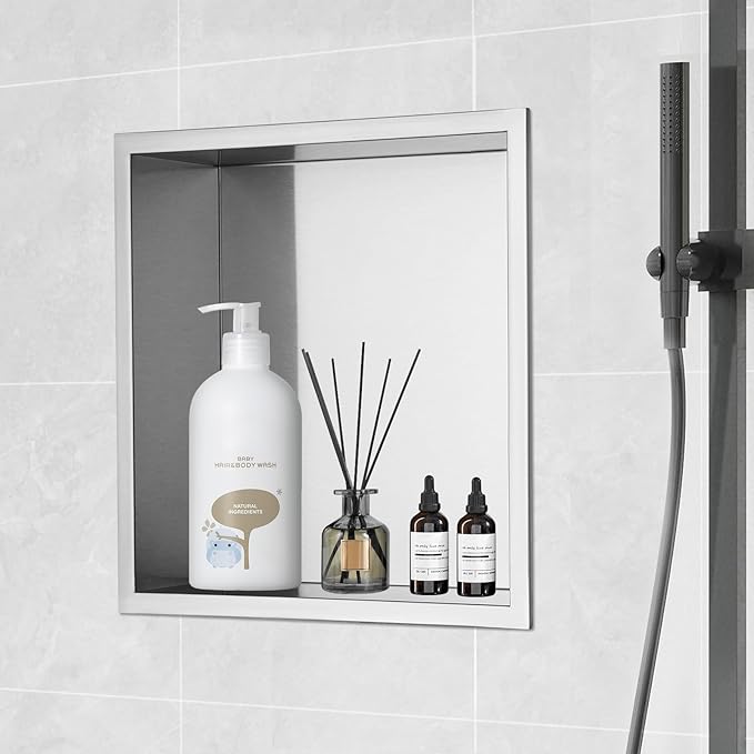 VEVOR Shower Niche No Tile Needed, Stainless Steel Niche for Shower Wall, Sealed Waterproof Rust-Resistant Bathroom Niche for Storage, 13x13'' Single Shelf