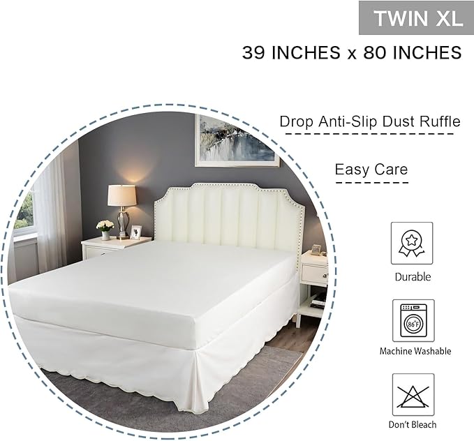 HIG Off-White Chic Twin XL Bed Skirt - Easy Fit Scallop Edge Pleated Bedskirts, 14 Inch Drop Anti-Slip Dust Ruffle, Thick Fabric for Enhanced Privacy, Pre-Washed for Long-Lasting Use(N60022)