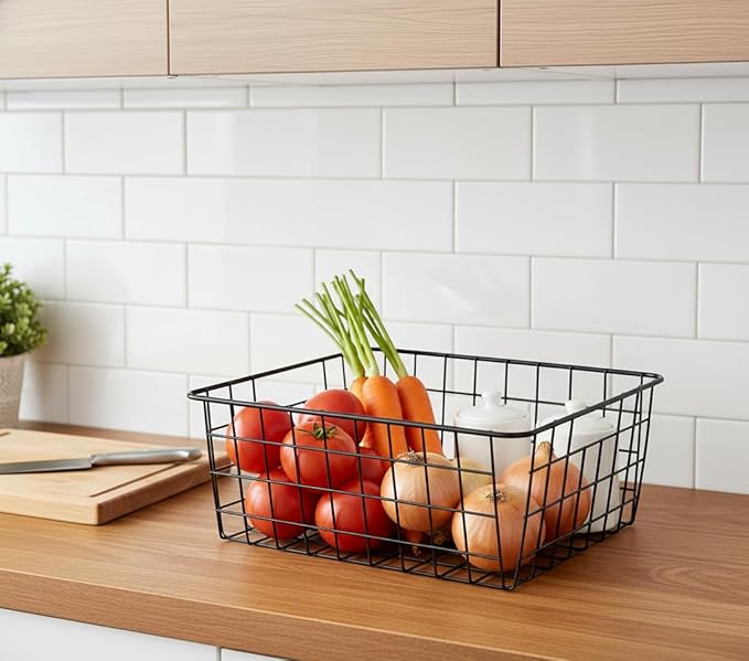 LeleCAT Wire Baskets with Handles, Wire Storage Organizer Baskets, Household Refrigerator for Cabinets, Pantry, Closets, Bedrooms - Set of 4（Black)