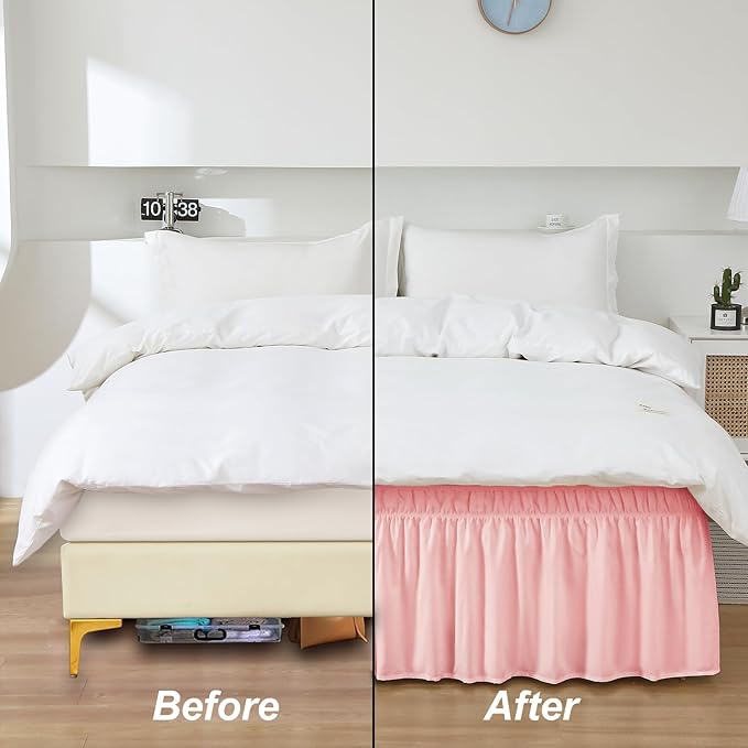 MEILA Wrap Around Bed Skirt Three Fabric Sides Elastic Dust Ruffled 16 Inch Tailored Drop,Easy to Install Fade Resistant-Pink, Queen/King